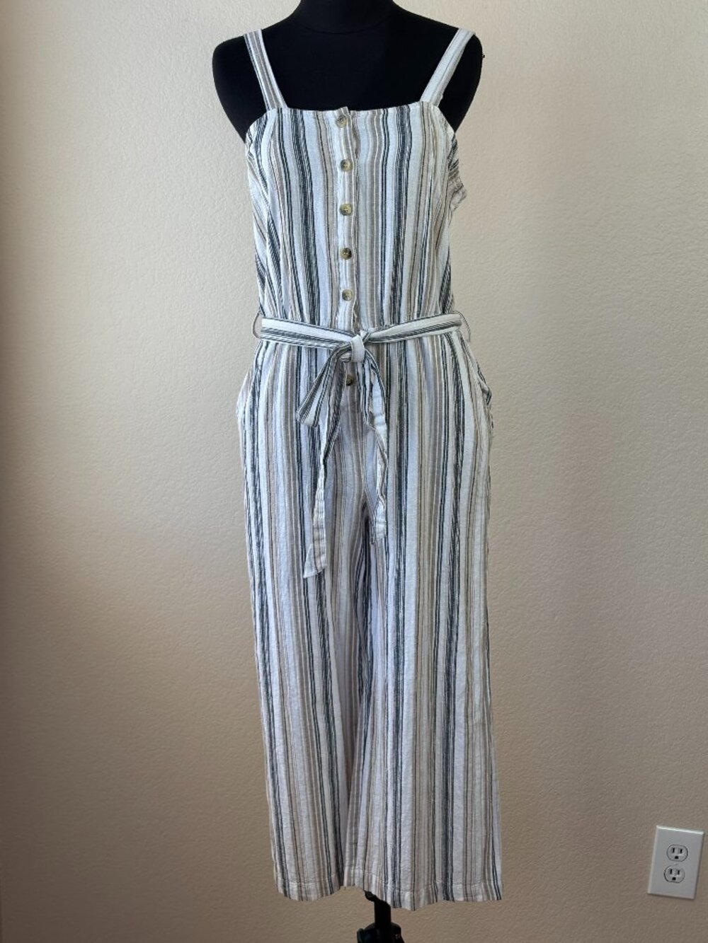 Deja Bleu Cotton Linen Striped Wide Leg Jumpsuit Size Large